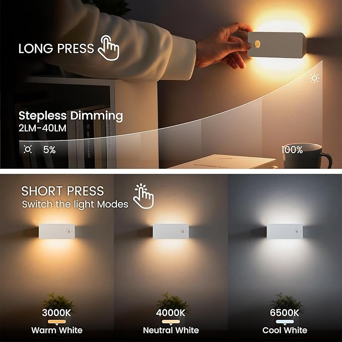 LED Backlit Motion Sensor Night Light, Rechargeable Night Light, Mini Stick-On Night Lights, Soft Two-Sided Glow, Magnetic, 3-Color Adjustable, for Bedroom, Toilet, Hallway & Cabinet (ABS *1pack)