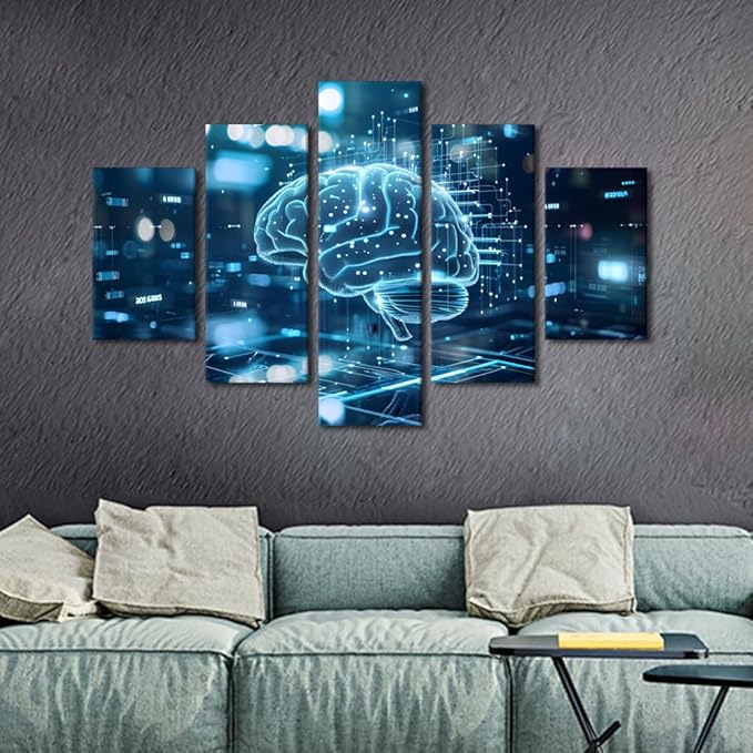 5 Panel Neural Network Connections on Blue Digital Background Canvas Art Prints Bedroom Wall Decor Poster and Prints House Decorations Living Room Digital Human Brain Paintings Artwork 60"Wx40"H