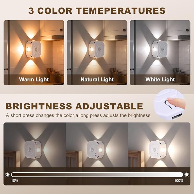 Motion Sensor LED Night Lights 4 Pack, Indoor Rechargeable Stair Lights, Magnetic Installation, 3 Color Temp Dimmable, Wireless Wall Sconce for Hallway Closet Bathroom Cabinet