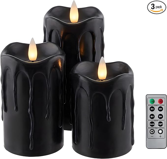 Black Flameless Pillar Candles Flickering with Remote Timer, Battery Operated LED Candles Up to 400 Hours, 3D Moving Flame Real Wax Candles(Black with Dripping Tear)
