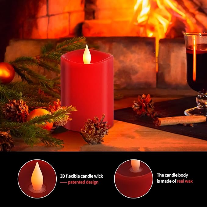 3″x4″ Red Flickering Flameless Candles, 2AA Battery Life 600 Hours Battery Candles Flickering with Timer,4 inch Flameless Candles with Remote for Indoor/Outdoor,Set of 1