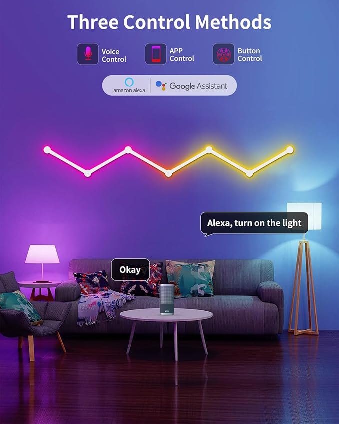 Smart LED Wall Lights, Music Sync Voice Control DIY RGB Light Bar with 16M+ Color & 44+ Scenes, Dimmable Home Decor Wi-Fi Wall Light for Gaming Room TV Bedroom (6 Lines)