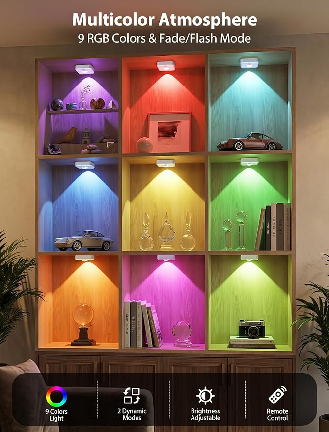 GBEAST 6 Pack Under Cabinet Lighting, Puck Lights with Remote,Motion Sensor Light Indoor,3 Color Temps & 9 RGB Colors Dimmable Closet Light,Rechargeable Under Counter Lights for Kitchen,Bedroom,Shelf