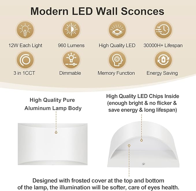 TRLIFE Dimmable Wall Sconces, 3000K/4000K/6000K Selectable Modern LED Wall Sconce 12W Aluminum Wall Mounted Light Hardwired Wall Lights for Bedroom Bedside Living Room Stairway (White, 1 Pack)