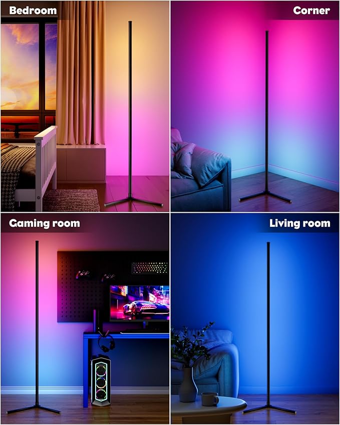 65" Smart RGB Floor Lamp with App/Remote Control, Color Changing LED Corner Lamp with Music Sync & Timer, Corner Lighting for Living Room, Bedroom, Gaming Room (Black)