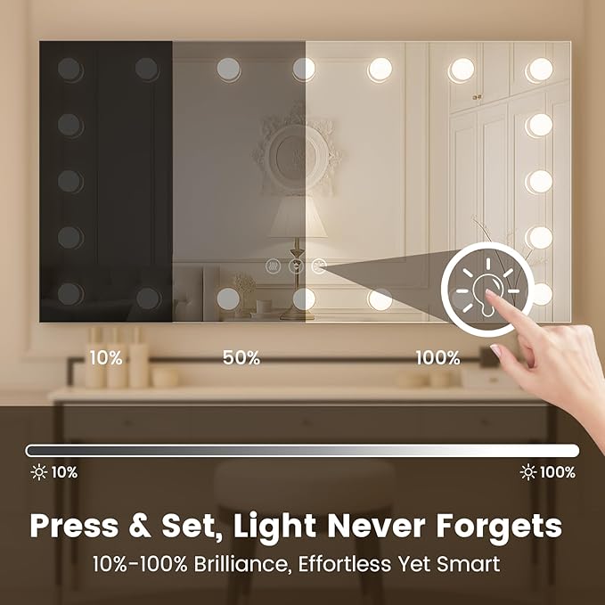 WTTY LED Bathroom Mirror with Lights 60"x36" Hollywood Wall-Mounted Mirror with 3 Color Temperatures, Stepless Dimmable Bulbs, Anti-Fog & Shatter-Proof