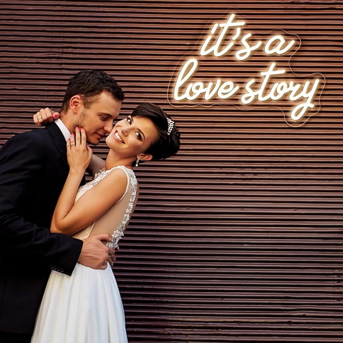 It's a Love Story LED Neon Signs for Wall Decor Neon Wall Art Acrylic LED Lights with Hanging Chain Light Up for Bedroom Decor Graduation Bar Pub Wedding Party 5V USB Powered Dimmable