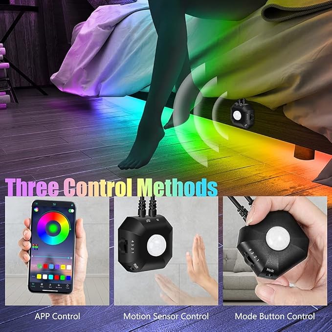 Motion Activated Under Bed Light Strips, 2x9.8ft RGB Motion Sensor LED Light Strip with App Control, USB 5V Dimmable LED Night Light with 4 Timing Off Modes for Bed Wardrobe Cabinet Staircase Decor