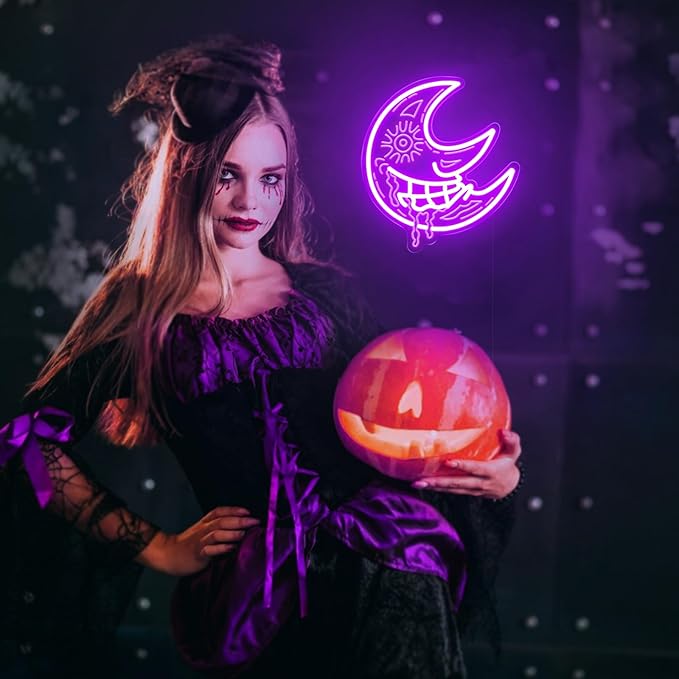 Moon Neon Sign, Purple Scary Devil Drooling Blood Moon Led Sign for Wall Decor with Remote Dimmer, Retro Vintage Psychedelic Mystic Moon Neon Light for Christmas Bedroom Party Gift - 10''