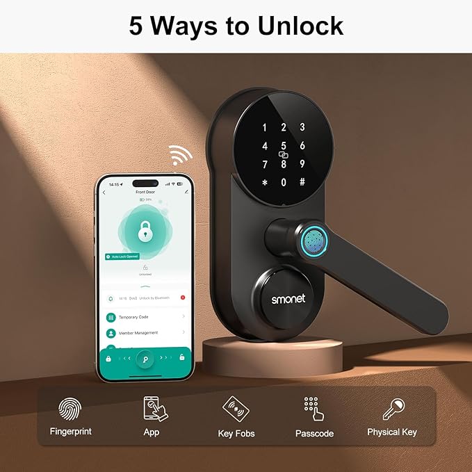 Keyless Entry Door Lock with Lever Handle: SMONET WiFi Smart Locks for Front Door Keypad Lever App Remote Control 2-Pack,Fingerprint Smart Deadbolt,Auto Lock,Black