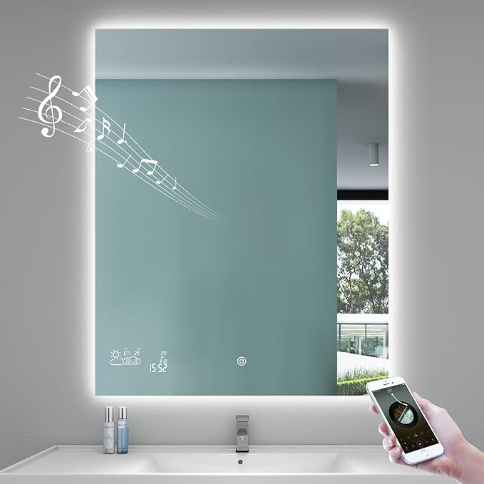 BYECOLD Smart Bathroom Mirror with Bluetooth Wi-Fi Enabled Weather Display, 32”X 40” Fog Free, LED Light Vanity Mirror Backlit Frameless Lighted Touch Sensor Makeup for Wall - Vertically Only
