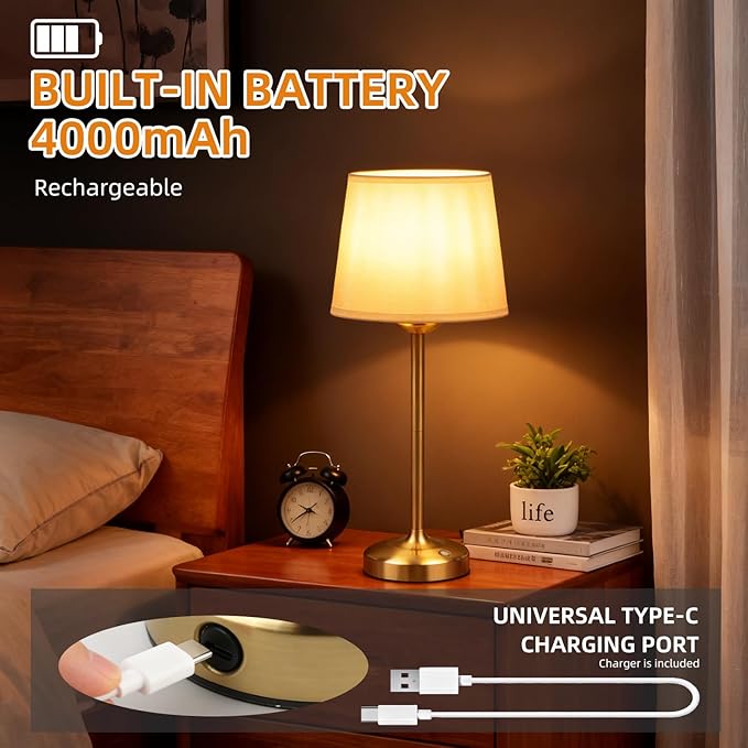Cordless Table Lamp Gold with Dimmer, 4000mAH Battery Operated Lamp Rechargeable, 3 Color Temperature Touch Control Fabric Desk Light for Dining Room, Bedroom, Bar, Patio, Counter, Restaurant