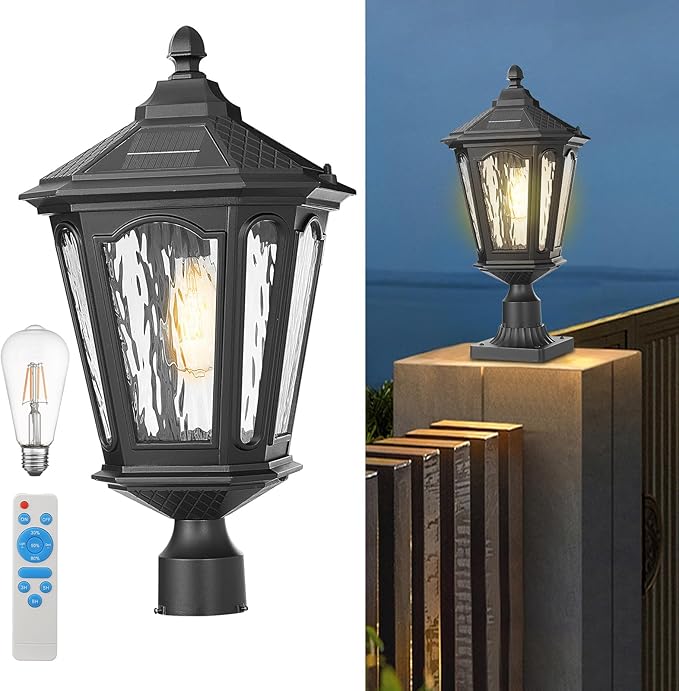 Black Solar Outdoor Post Light Fixture 21 inches Large Dusk to Dawn LED Pole Lamp Waterproof Exterior Pillar Lantern Post Lighting Remote Control for Pathway Garden Patio Gargae