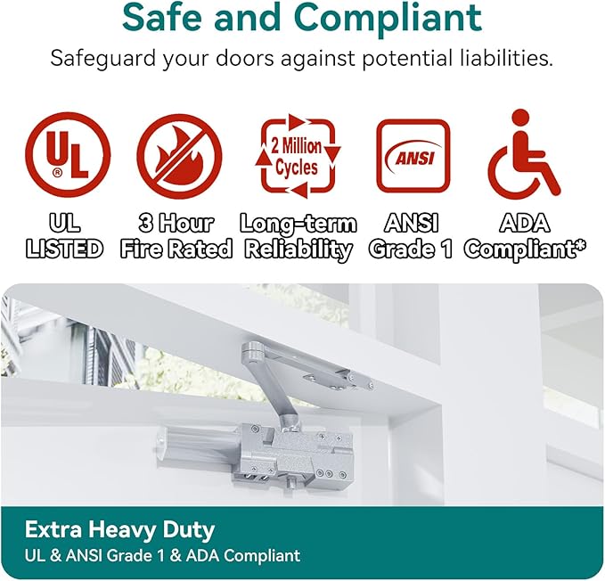 Automatic Door Closer, Adjustable Self Closing, Backcheck, Delayed, ADA Compliant, UL 3 Hour Fire Rated, Grade 1 Extra Heavy Duty, 2 Million Cycles, Residential & Commercial, Sliver Aluminum