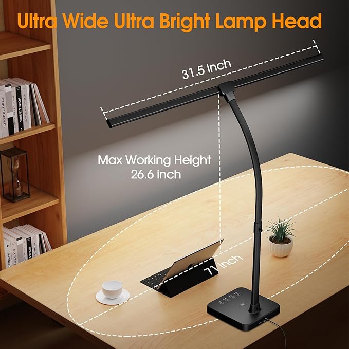 ShineTech LED Desk Lamp for Home Office, 24W Double Head Desk Light with Wireless Charging, USB Port, 25 Lighting Modes Adjustable Lamps