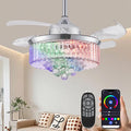 36" Retractable Crystal Ceiling Fan with Light, RGB Modern Fandelier 6 Speeds Reversible Blades Dimmable Chandelier Ceiling Fan with Remote App Control Memory Timer Silver
