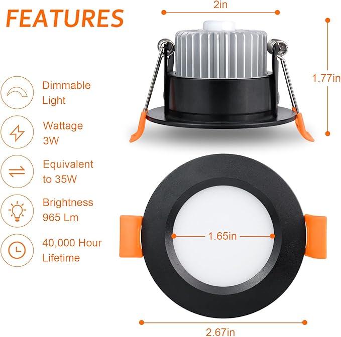 inShareplus 2 Inch LED Recessed Lighting, Black Downlight Dimmable 3W (35W Equivalent), 3000K Warm White, CRI80, Recessed Light Fixtures with LED Driver (6 Pack)