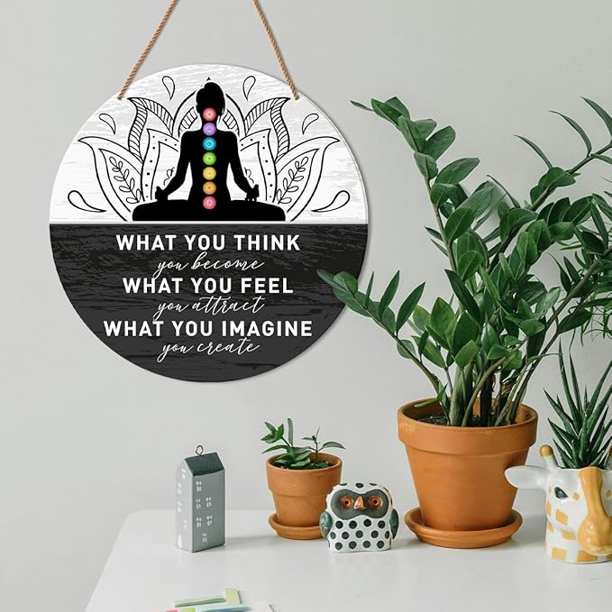 HSNBT Buddha Quotes Wall Decor, Yoga Studio Room Wall Decor Meditation Spiritual Room Chakra Wooden Hanging Sign Decorations, Gifts for Meditation Yoga Lover