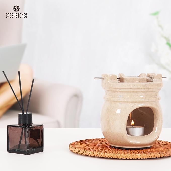 Marble Essential Oil Burner for Scented Oil 4.5 Inch Beige Wax Melt Warmer & Tealight Candle Holder for Home Decor, Stone Aromatherapy Diffuser for Office and Room Fragrance