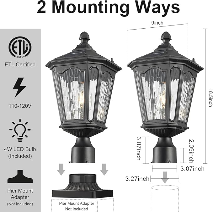 18.5" Black Solar Powered Outdoor Post Light Fixture with Remote Control, Dusk to Dawn LED Pole Lamp Waterproof Exterior Pillar Lantern Post Lighting for Pathway Garden Patio Gargae