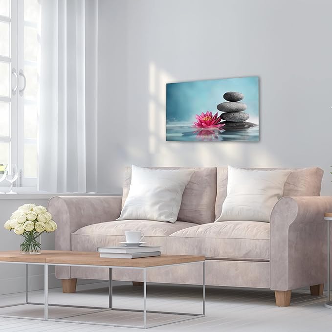GUTTATY Zen Wall Art Decor, Modern Bathroom Zen Decor Wall Art, Zen Relaxing Canvas Wall Art for Spa Room Decor, Black Pebble and Pink Flower Zen Art Prints for Office & Spa Wall Decor 12x18 Inches