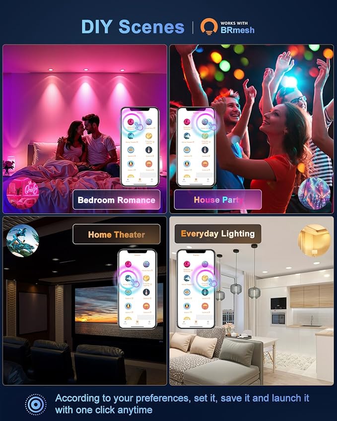 Smart Recessed Lighting 6 Inch, RGBCW Color Changing Smart Can Light Bluetooth Connect, Flicker Free, 13W 1300LM, Dimmable Retrofit Downlight Works with Alexa Voice & App Control, ETL, 6 Pack