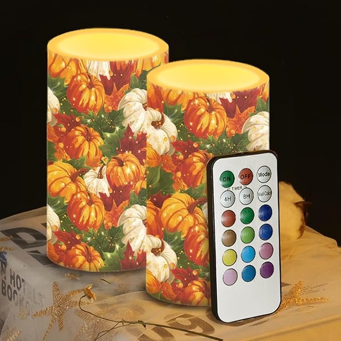 Pumpkin Decorative Battery Operated Candles Fall Flameless Candles with Remote and Timer for Home Decor Indoor LED Candles Flickering Battery Operated Pillar Candles for Thanksgiving Party