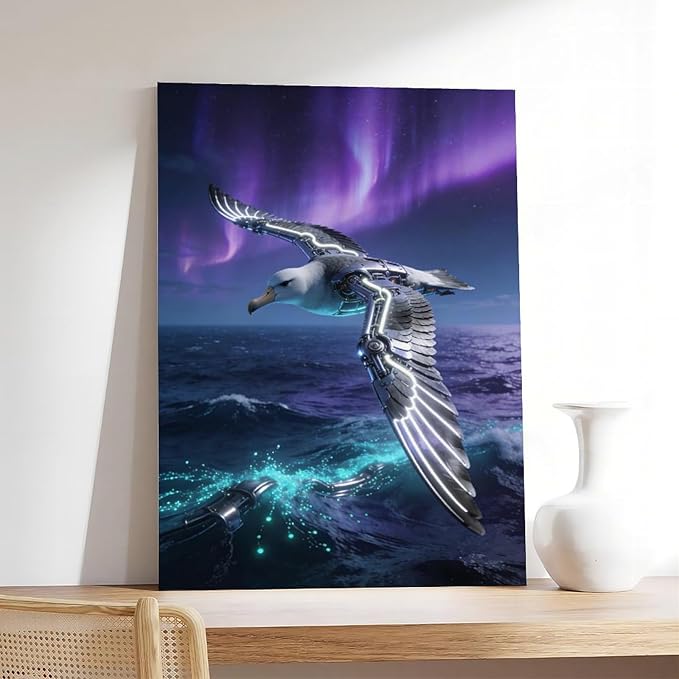 Framed Steampunk Mechanical Seagull Wall Art - Aurora Ocean Retro Poster for Bedroom Game Room Decor 24x36inch(60x90cm)