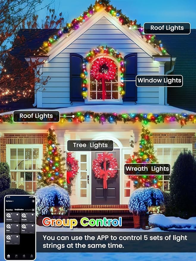 600LED Smart 4th of July String Lights App Controlled, 208T Waterproof Red White and Blue Lights, Patriotic RGB Color Changing Twinkle Light with Remote & Timer Indoor Outdoor for Memorial Day Decor