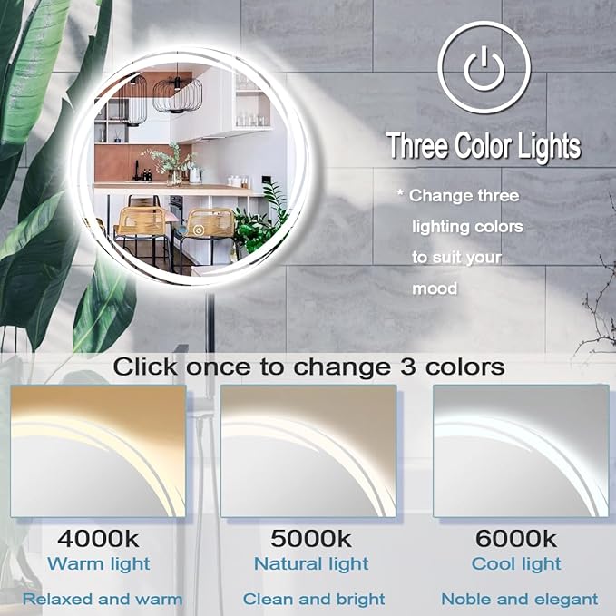 20 Inch Unique Rotating Round Lighted Mirror for Bathroom Hotel Makeup Wall LED Round Vanity Mirror with Lights Smart Memory 3 Color Dimmable AntiFog 20 Backlit Rounds Circle Lighted Mirrors