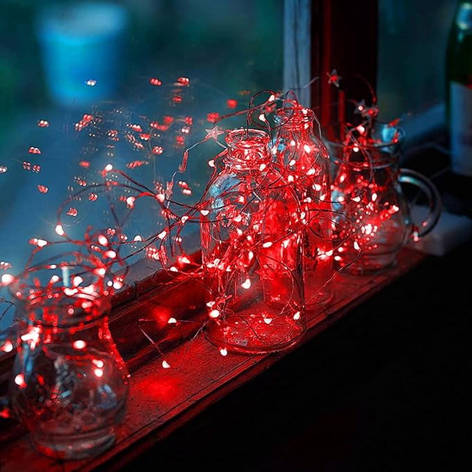 RUICHEN Plug in Fairy String Lights with Switch, Waterproof 66 Ft 200 LED Copper Wire Firefly Lights for Christmas, Parties, Wedding, Ceiling, Craft, Vases, Red