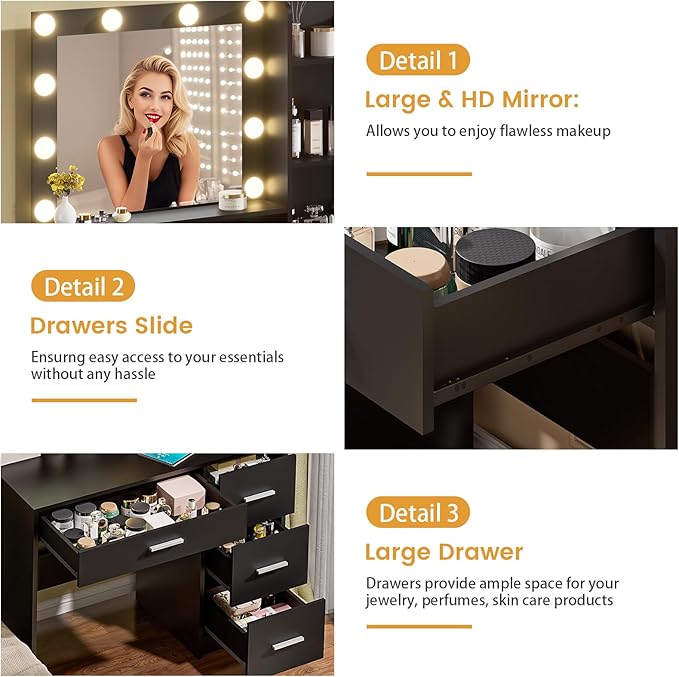 Vanity Desk with Lighted Mirror, Black Vanity with 4 Drawers,Makeup Vanity with Storage Shelves and Power Outlet,10 Lights with 3 Color Modes Brightness Adjustable for Girls’ Bedroom (Black)