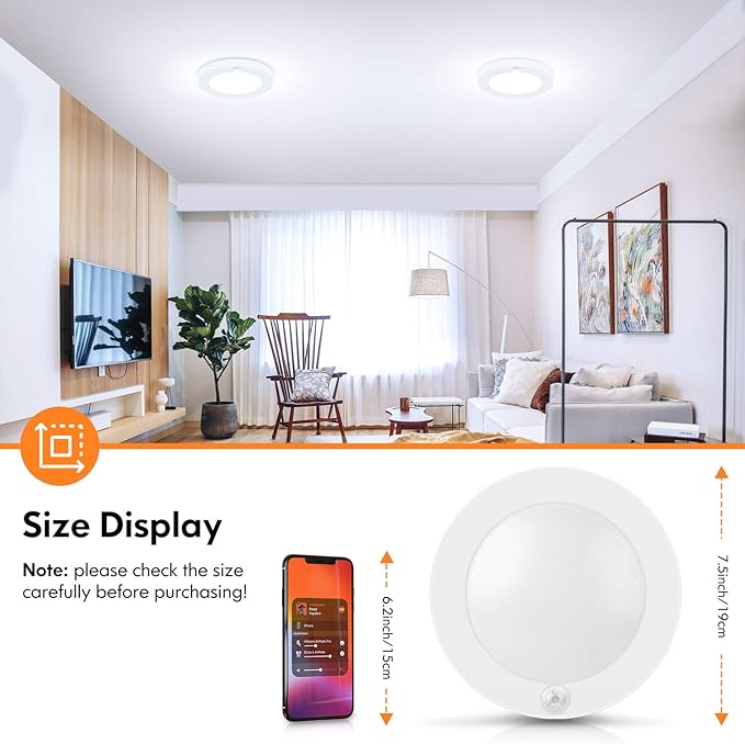 Motion Sensor LED Ceiling Light, 15W(100W Equivalent) & 1200LM, 3 Colors in 1(3000K/4000K/5000K), 7.5inch Flush Mount Lighting Fixture for Doorway, Stairway, Corridor, Pack of 2, Non-Dimmable, White