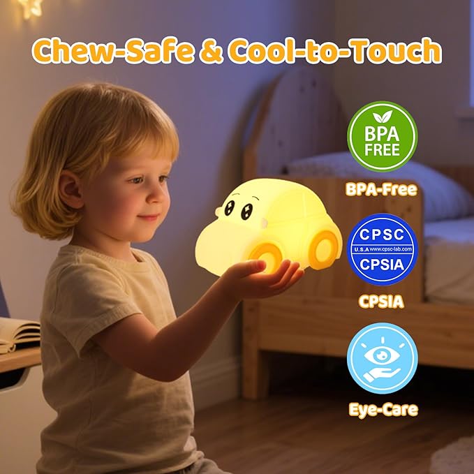 Cute Baby Toddler Car Kids Night Light for Kids, Dimmable+1800mAh Rechargeable+Timer+Portable+Silicone+Squishy, Touch Breastfeeding Bedside Night Lamp, Funny Girls Boy Gifts