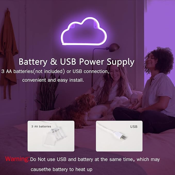 Cloud Neon Sign Purple Cloud Light Sign for Wall Decor,Battery or USB Powered Clouds Shaped LED Sign Decoration Lights for Bedroom Aesthetic Teen Girl Kid Room Christmas Birthday Wedding Party