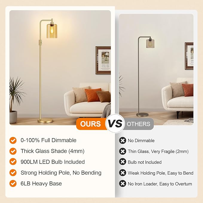 【Upgraded】Gold Dimmable Floor Lamp for Living Room with Amber Glass Lampshade, Glass Modern Floor Lamp with 900LM Bulb Included, Bright Standing Tall Lamp for Bedroom, Office, Reading Room, Corner