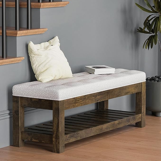 Large Upholstered Ottoman Bench Entryway Storage Benches Tufted Linen Ottoman Bench with Wood Shelf Padded End of Bed Bench for Bedroom Living Room Hallway Decor