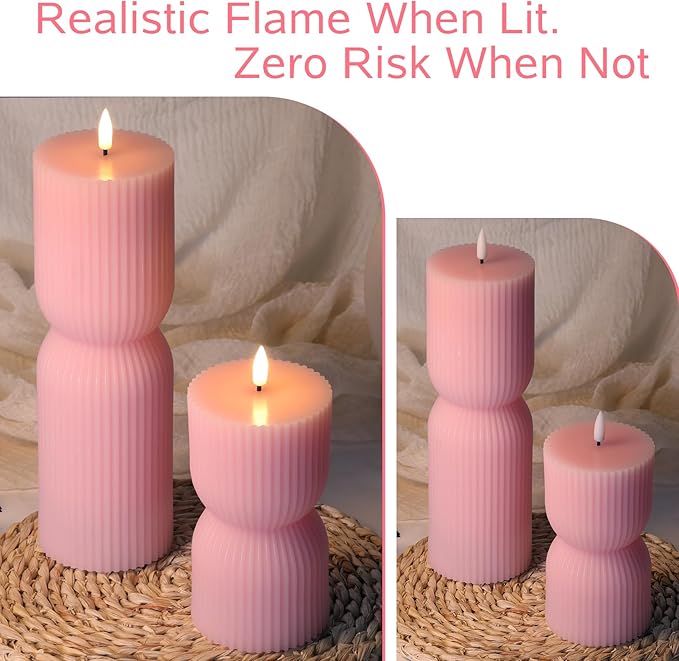 Pink Ribbed Flameless Pillar Candles with Remote, Flickering LED Candles Battery Operated Real Wax Set of 2