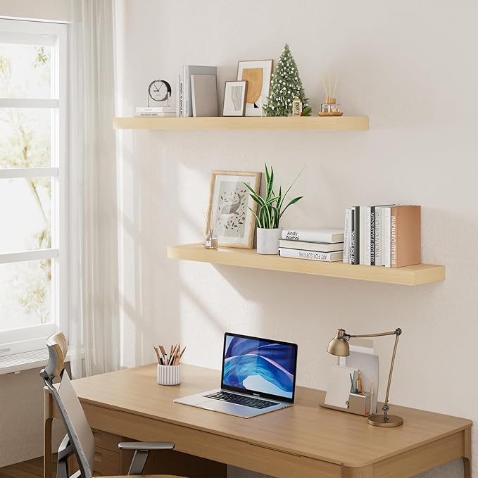White Oak Floating Shelf for Wall, 2 Inch Thick Sturdy Wood Floating Shelves Wall Mounted, 48" Long Shelves for Kitchen Bedroom Living Room,8" Deep Floating Book Shelves, 50LB Capacity