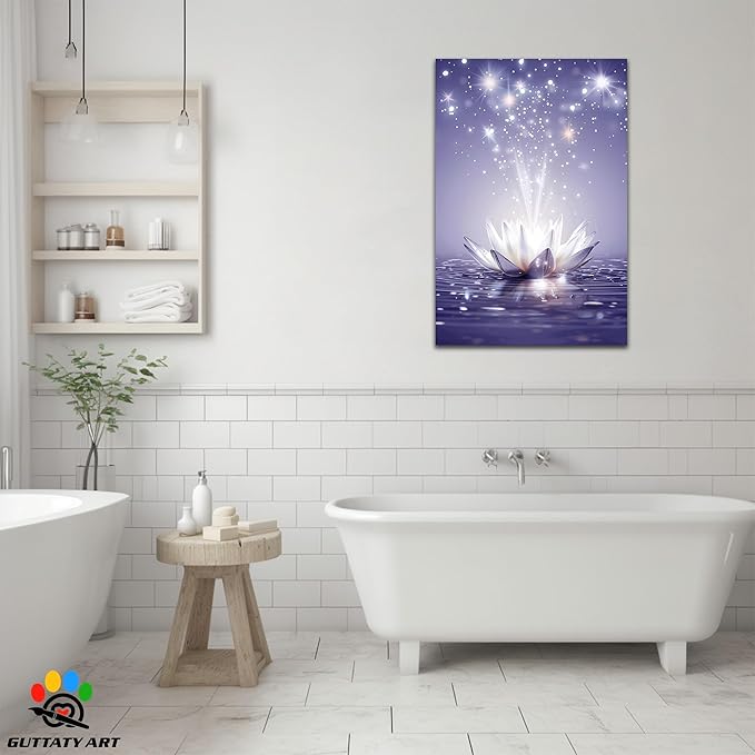 Zen Canvas Wall Art, White Lotus Flower Bloom in Water Picture, Zen Blue Flower Painting, Modern Framed Spiritual Home Artwork for Yoga Spa Meditation Spiritual Room Living Room Office 28x40 inch