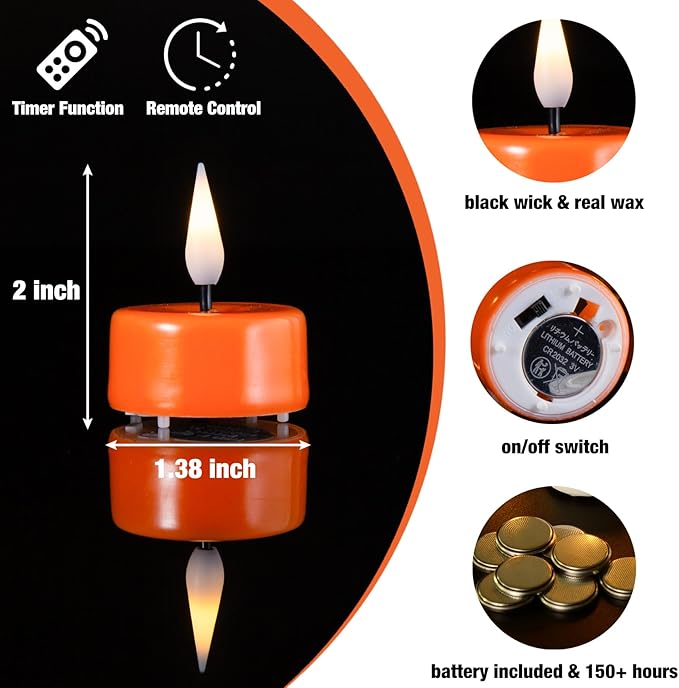 Eywamage Orange Flameless Tealights with Remote Batteries, LED Tea Votive Candles Real Wax Flickering Set of 10