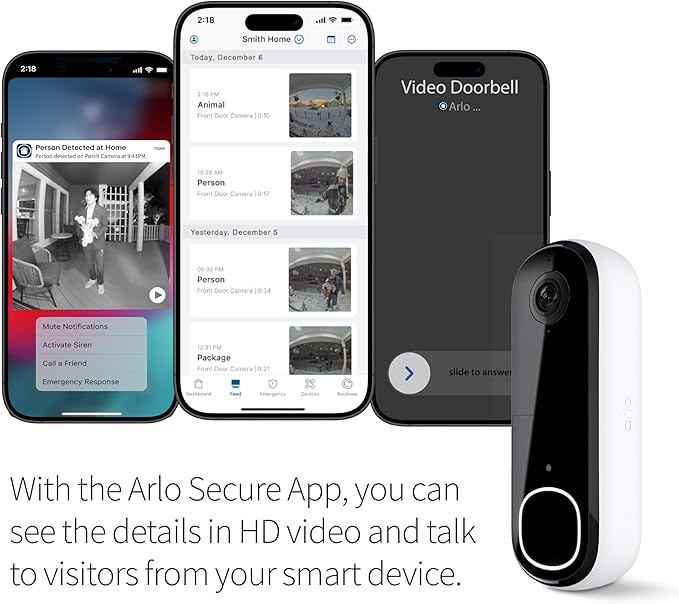 Arlo Video Doorbell HD | 2nd Gen | Wireless/Wired Option, 2-Way Audio, Night Vision, Head to Toe Video View, Integrated Siren | Live Stream | Real Time Notifications |180 Deg Wide View, White