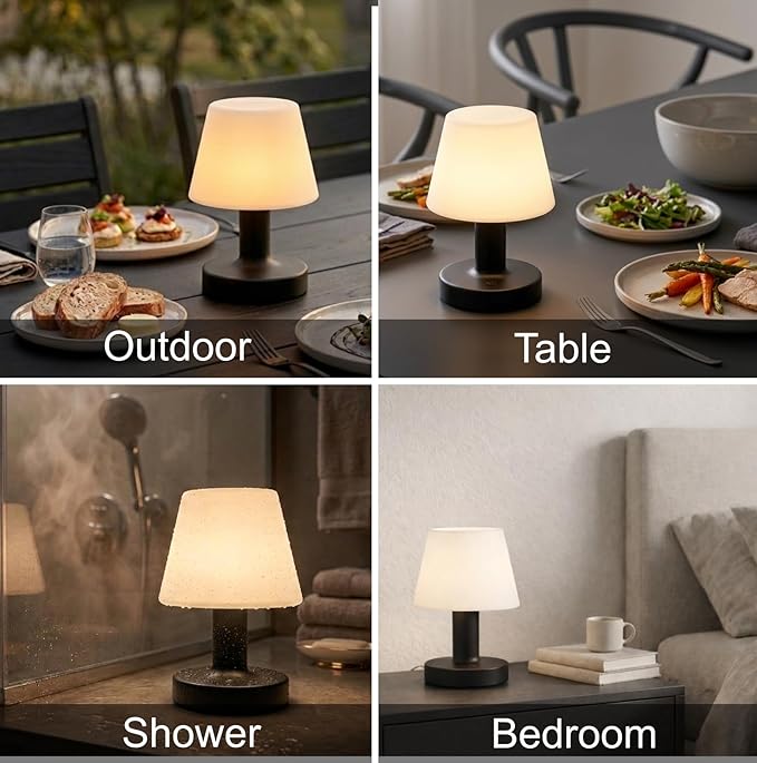 Cordless Table Lamp, Rechargeable Table Lamp, Waterproof Shower Lamp, 5200mAh Small Table Lamps, 3-Color Dimmable Touch Light, Portable Outdoor and indoor table lamp, Bedside night light (Black)