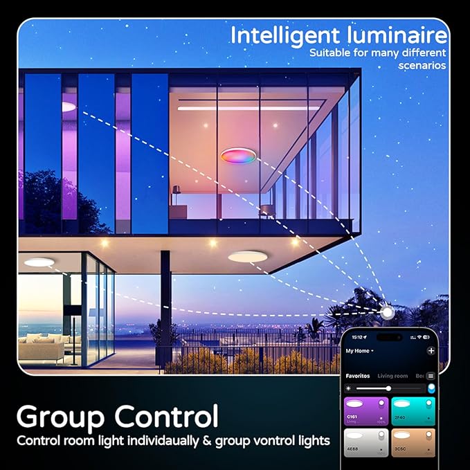 Smart LED Ceiling Light 12" Flush Mount with Remote - RGB Color Changing + Adjustable White 2700K-6500K - Alexa Google Home Compatible - Music Sync - IP44 Waterproof for Bedroom Bathroom - 30W 2200LM