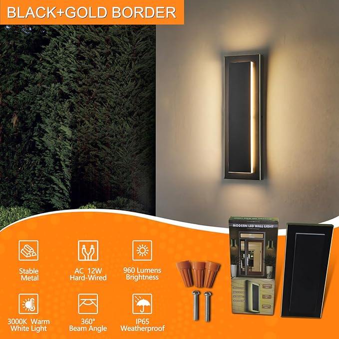 tewei 1 Pack LED Outdoor Wall Lights, 15.7'' Modern Outdoor Indoor Wall Sconce Large Exterior Lighting Fixtures Outside Front Door Lights for House, Hallway, Warm White 3000K, Black with Gold Finish