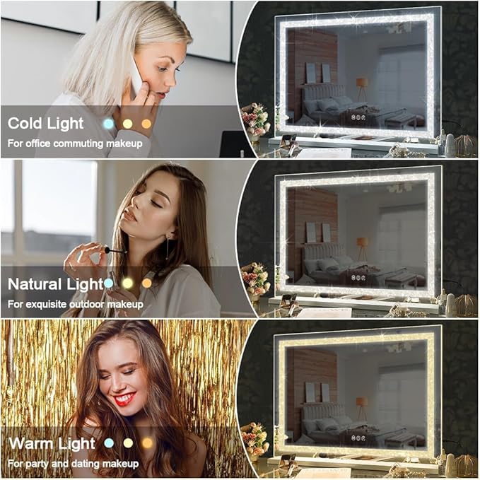 FENCHILIN Vanity Mirror with Lights 32” x 23” Hollywood Makeup Mirror with Light Strip Smart Touch Control 3 Colors Dimmable Light Strip & 10X Magnification White