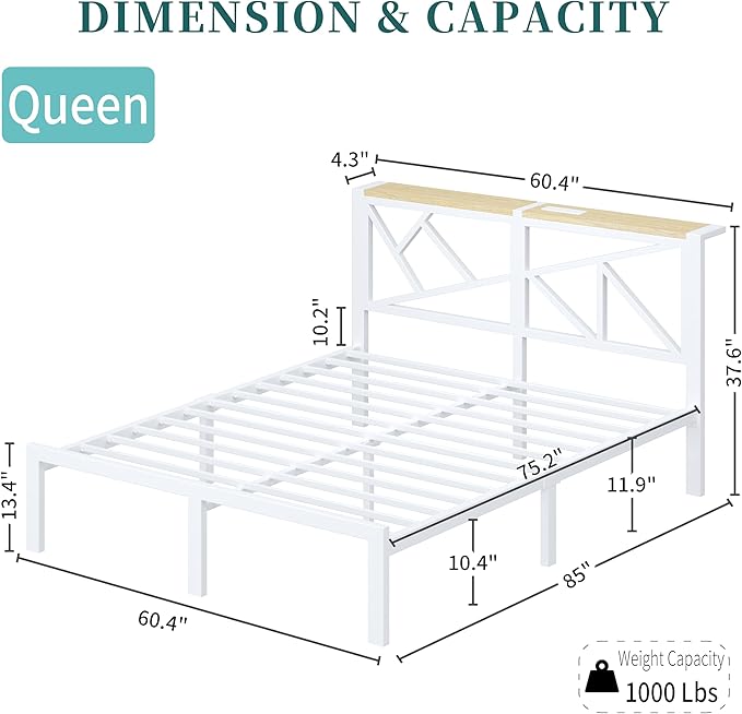 Queen White Metal Bed Frame with USB Charging Station, LED Ambient Lighting, and Wooden Storage Headboard - Includes Under-Bed Storage, No Box Spring Needed, Noise Free, Easy to Assemble
