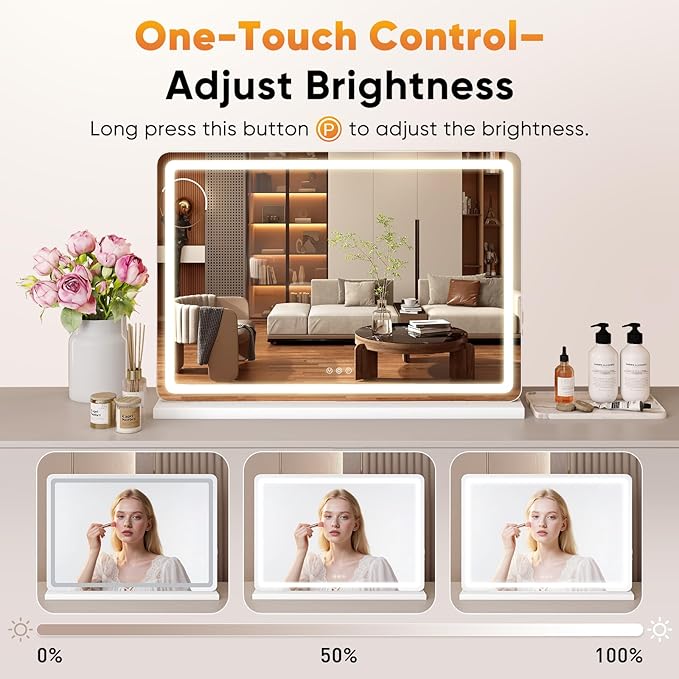 NEWBULIG 22"x32" LED Vanity Mirror with Lights, Lighted Smart Tabletop Makeup Mirrors for Desk, Touch Control Dimmable Brightness, 3 Color Lighting Modes