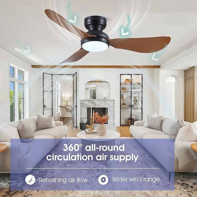 46 Inch Modern Ceiling Fans with Lights, Flush Mount Ceiling Fan, Remote/APP Control, 3 Reversible Curved Blades, 6 Speeds, 3 CCT Dimmable LED Lights for Living Room Bedroom, Brown
