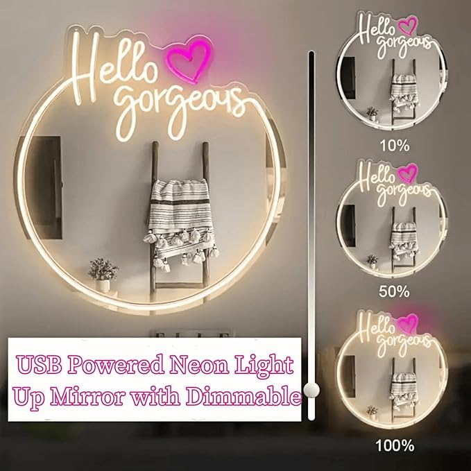 Hello Kit Mirror with Light Neon Signs for Room Decor, USB Powered Cute Cat LED Lights, Teen Girl Best Gift, Makeup Mirror Neon Sign Wall Decor (Yellow)